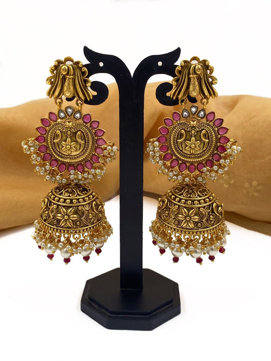 Carved ruby gemstone stud earrings with kundan stones and pearls, Indian  jewelry, small chandbali kundan earrings, polki earrings, Mughal